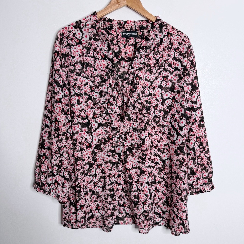Karl Lagerfeld Blouse 3X V-Neck Long Sleeve Black Red White Print Casual‎ Preppy